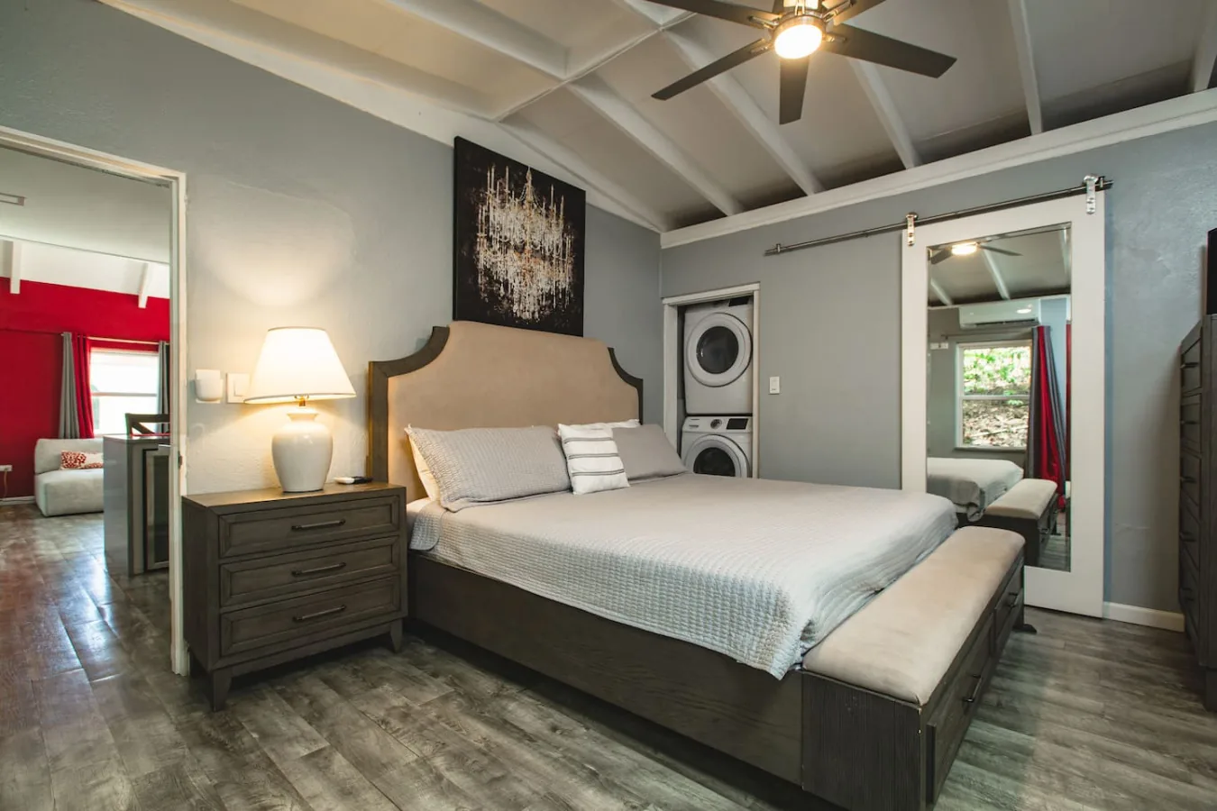 The cottage bedroom, looking toward the living room