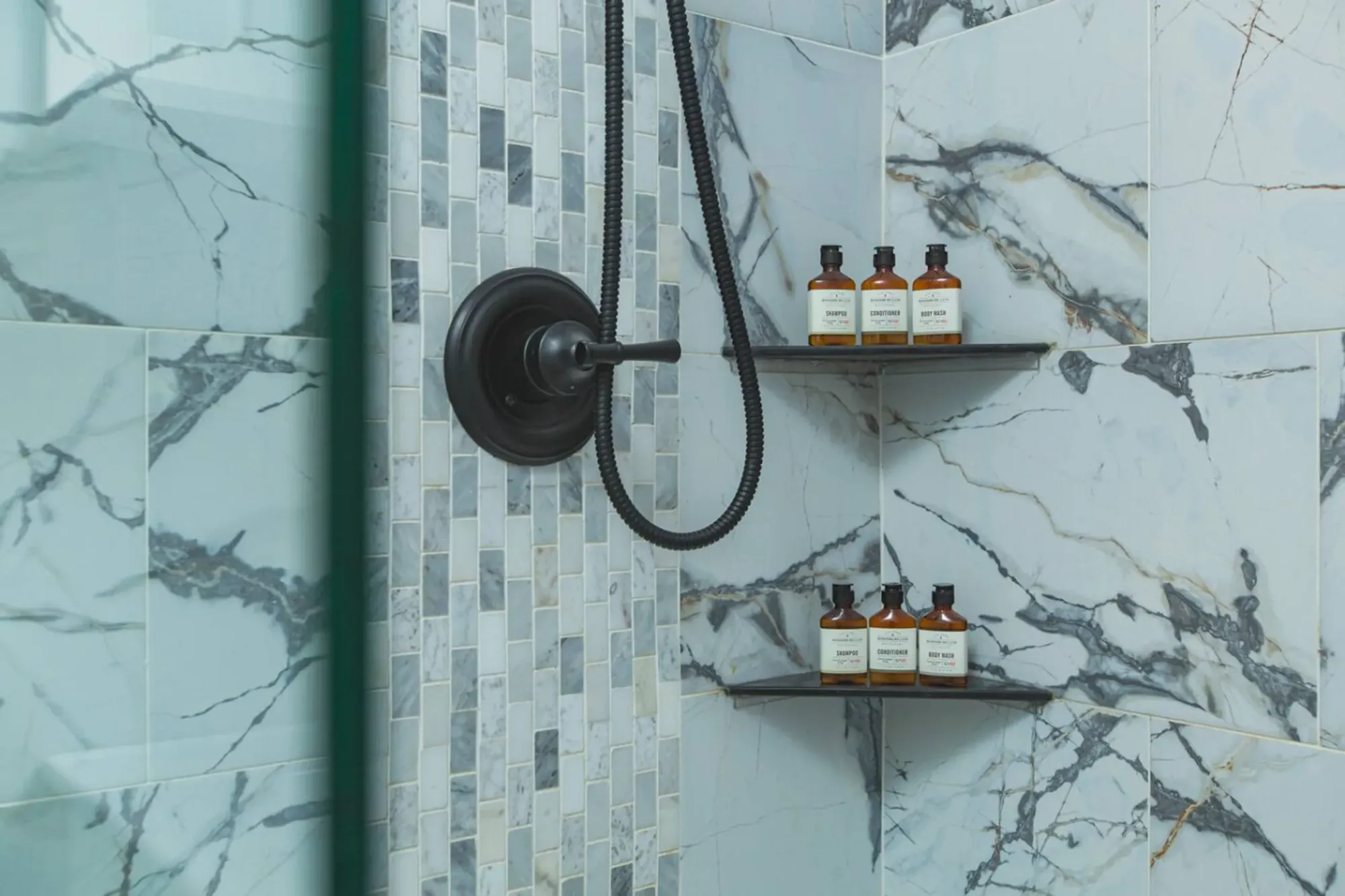 A marble walk-in shower