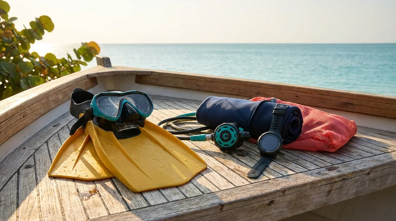 Illustration of dive gear on the teak deck of a small boat on a calm morning: a mask, yellow fins, a regulator, a dive computer and a rolled wetsuit, with open sea beyond