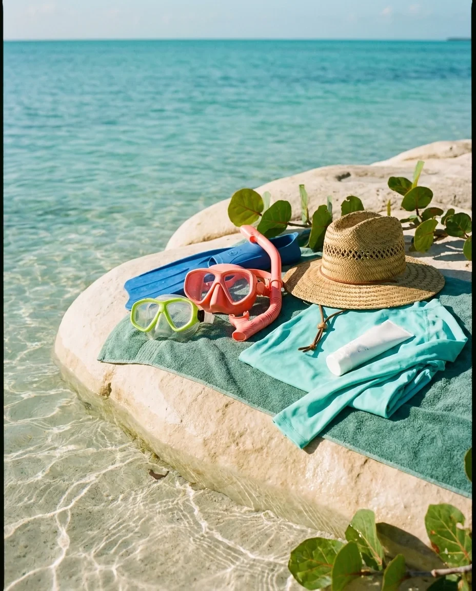 Snorkel masks, short fins, a rash guard, a straw hat and mineral sunscreen at the edge of calm, shallow water
