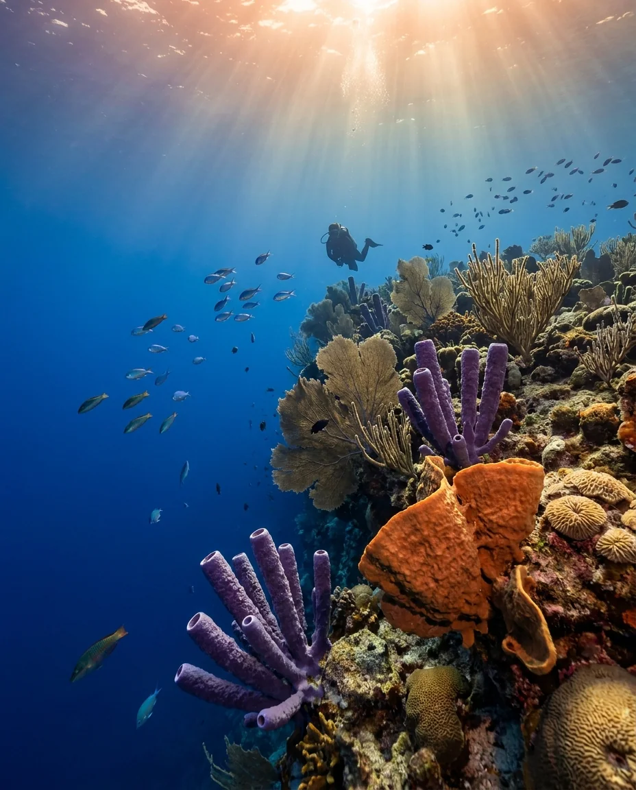 A diver at the lip of a coral reef wall, with sponges and sea fans on the edge and deep blue below