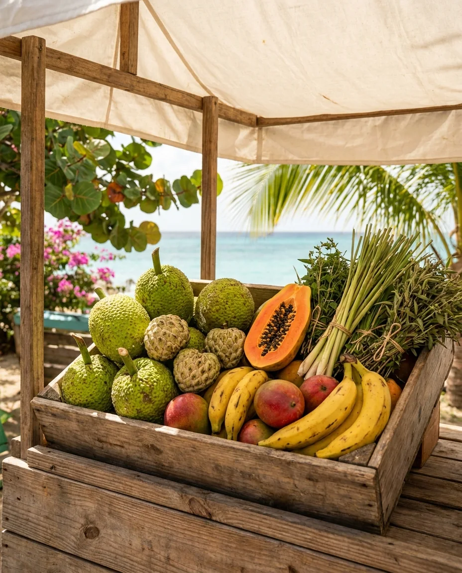 Breadfruit, soursop, sugar apples and bush tea at a farm stall