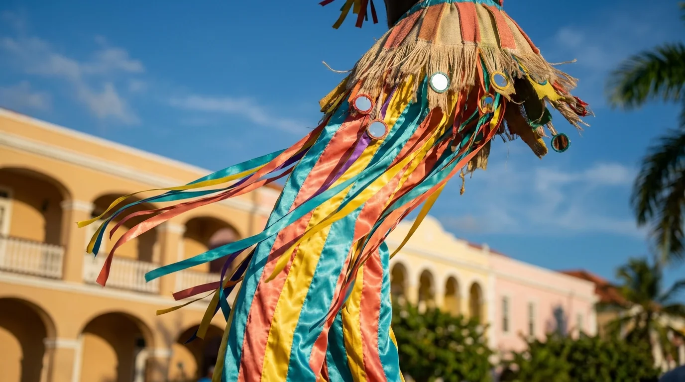 Illustration of a Caribbean stilt dancer's striped satin costume and ribbons in the trade wind, with pastel arcaded shopfronts behind