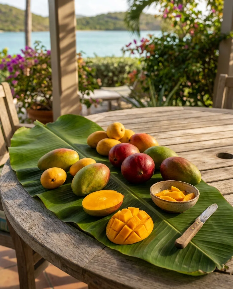 Mangoes of many kinds on a banana leaf