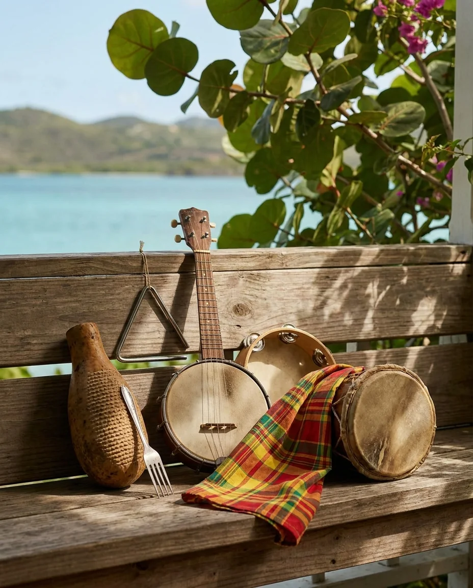 Folk band instruments on a veranda bench