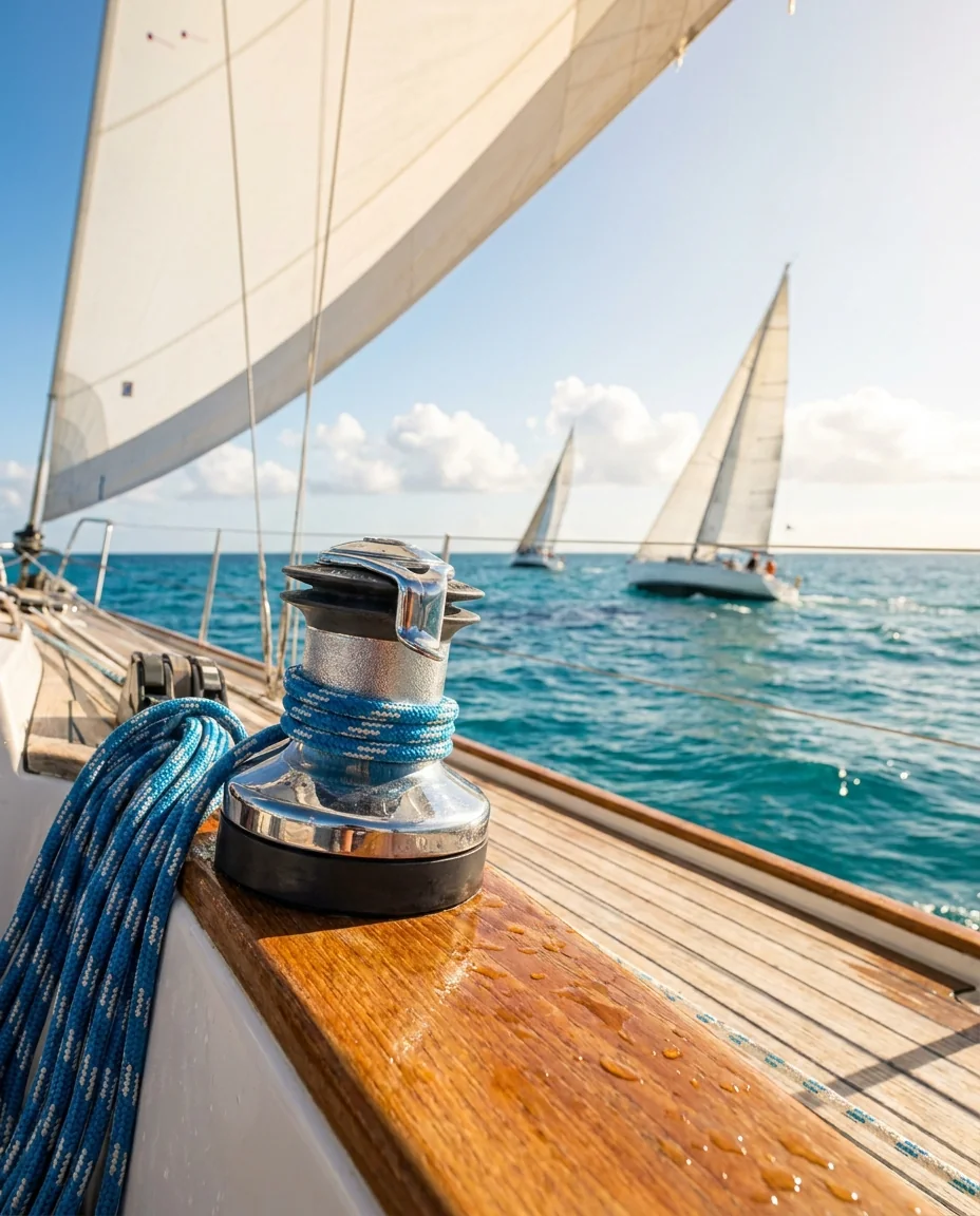 White sails racing on turquoise water on a breezy day