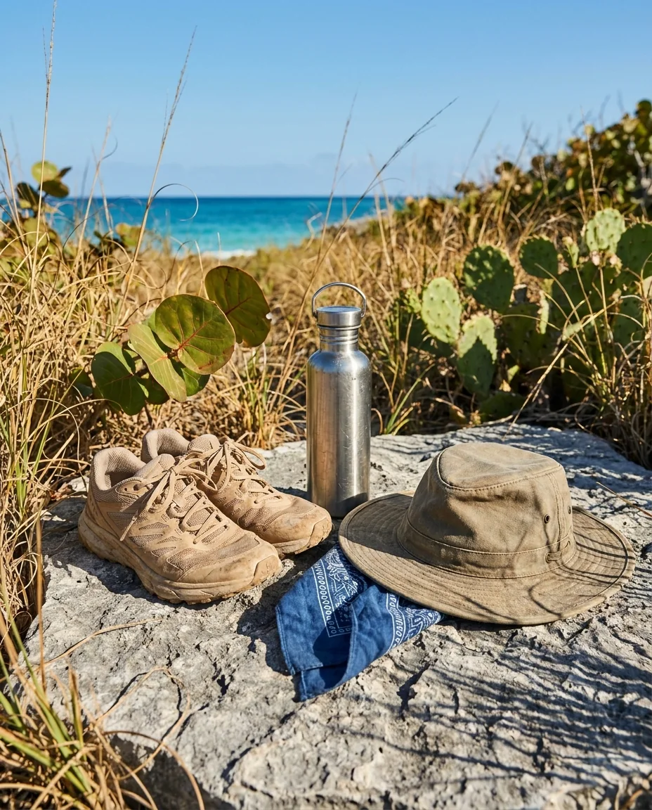 Trail shoes, a water bottle, a bandana and a hat on a limestone rock above the sea