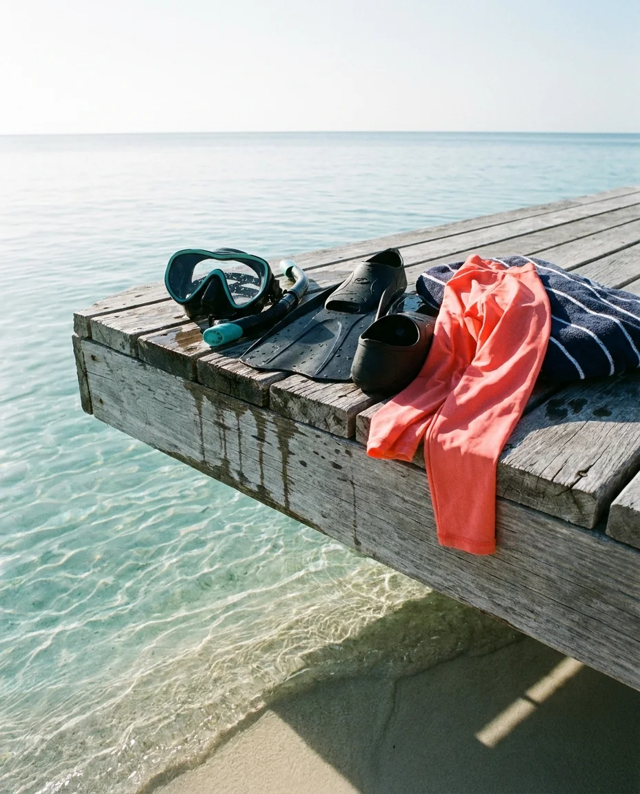 Mask, snorkel, fins, a rash guard and a towel on a dock edge above clear shallow water