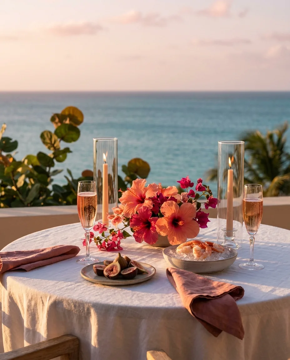 A table for two at sunset with hibiscus, candles and glasses of sparkling rosé