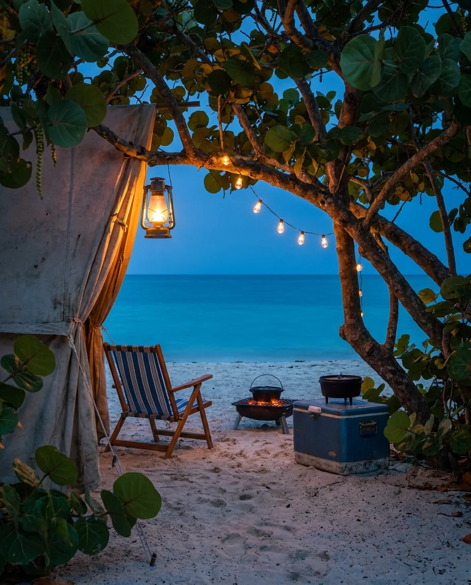 A family beach campsite under sea grape trees at dusk