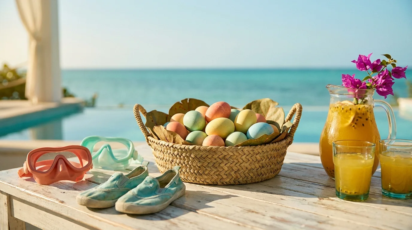 Illustration of a spring morning on a terrace above the sea: a basket of pastel Easter eggs, child-size snorkel masks, water shoes, passion-fruit juice and bougainvillea