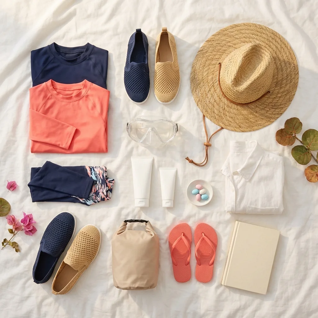 A family's spring break packing: rash guards, water shoes, a straw hat, mineral sunscreen and a mask