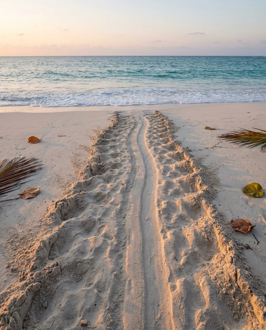 A sea turtle's track running from the nesting beach back to the water at dawn