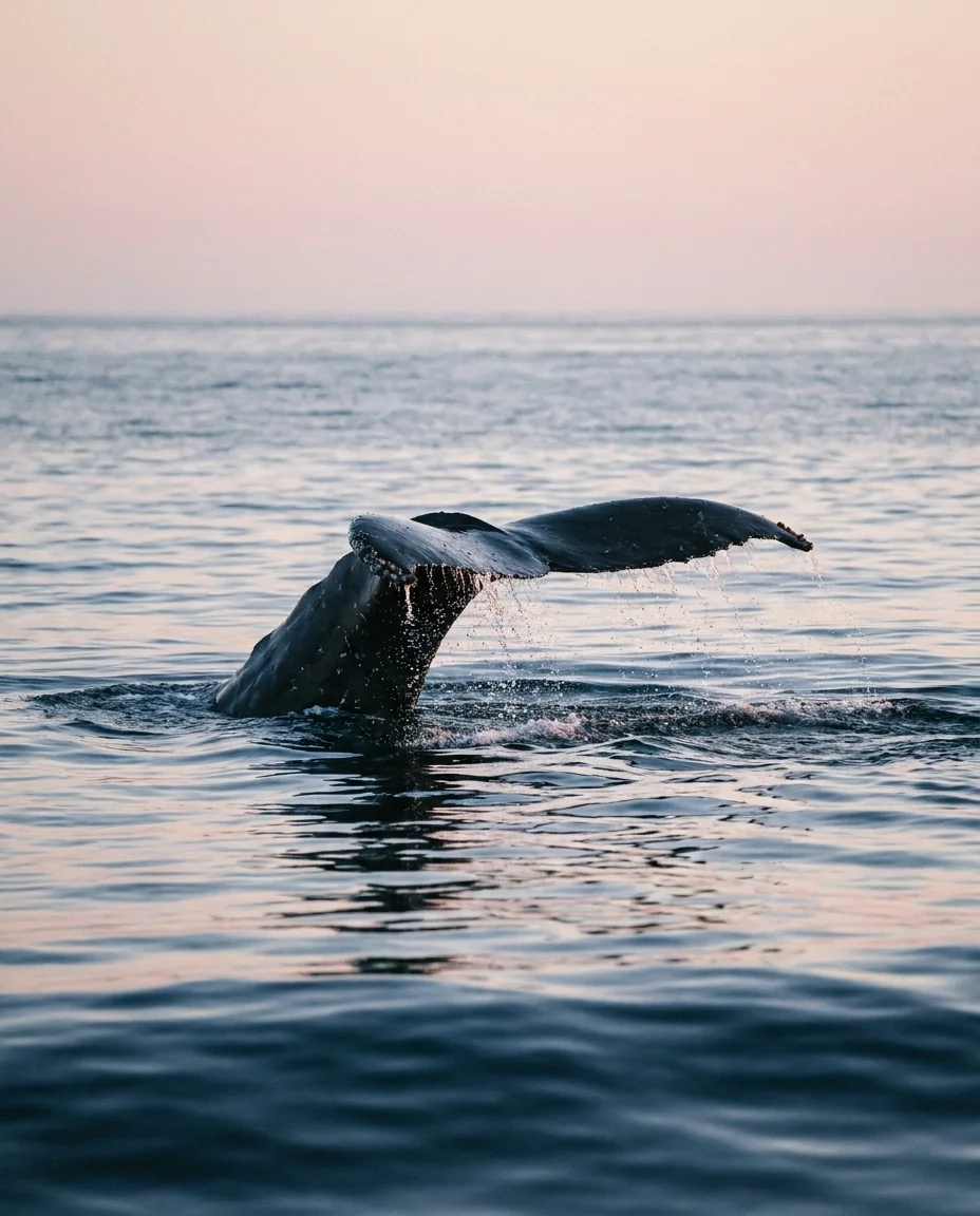 A humpback whale's tail lifting from a calm sea far offshore