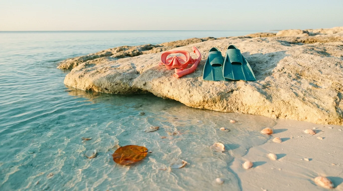 Illustration of a coral-pink snorkel mask and short teal fins resting on a flat pale rock at the edge of calm, clear, shallow turquoise water, with sunlight rippling across white sand and an open sea horizon beyond