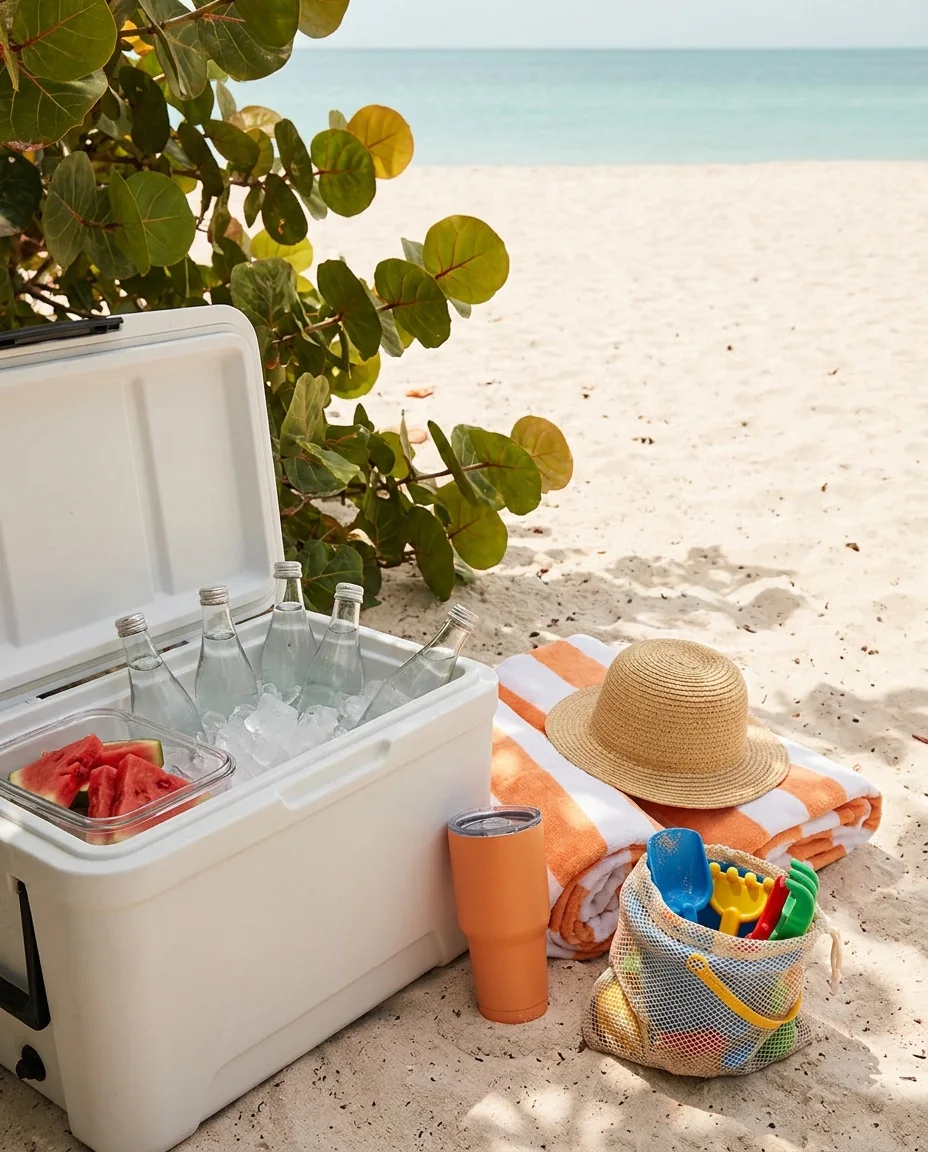 A beach-day cooler, striped towels, a sun hat and sand toys in the shade of sea grape