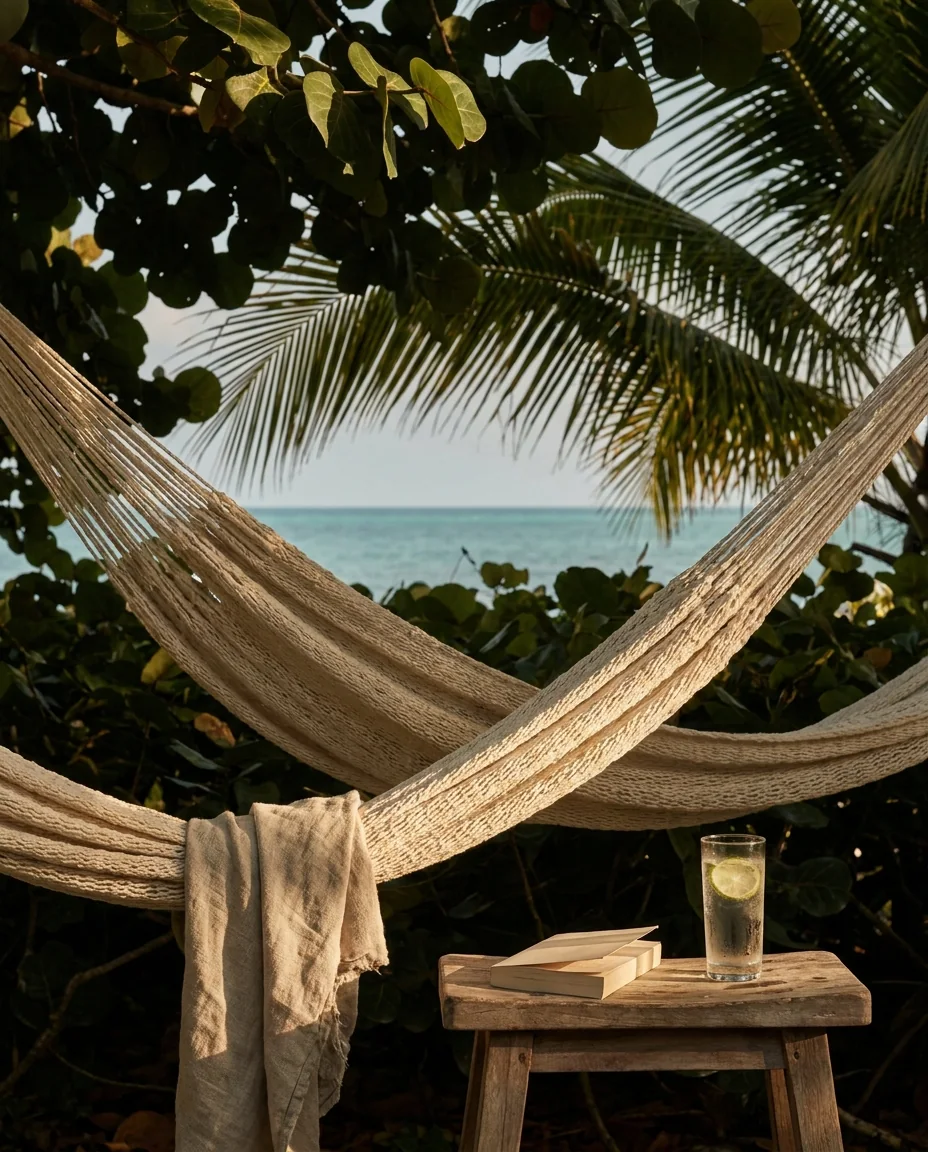 Afternoon shade: a rope hammock under sea grape and palm fronds, with a book and a cold glass of water