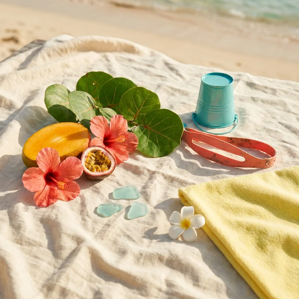 Summer colors on St. Croix: mango, passion fruit, hibiscus, sea grape and sea glass