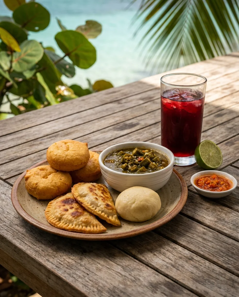 A Crucian lunch: johnny cakes, pates, kallaloo beside a ball of fungi, and a glass of sorrel