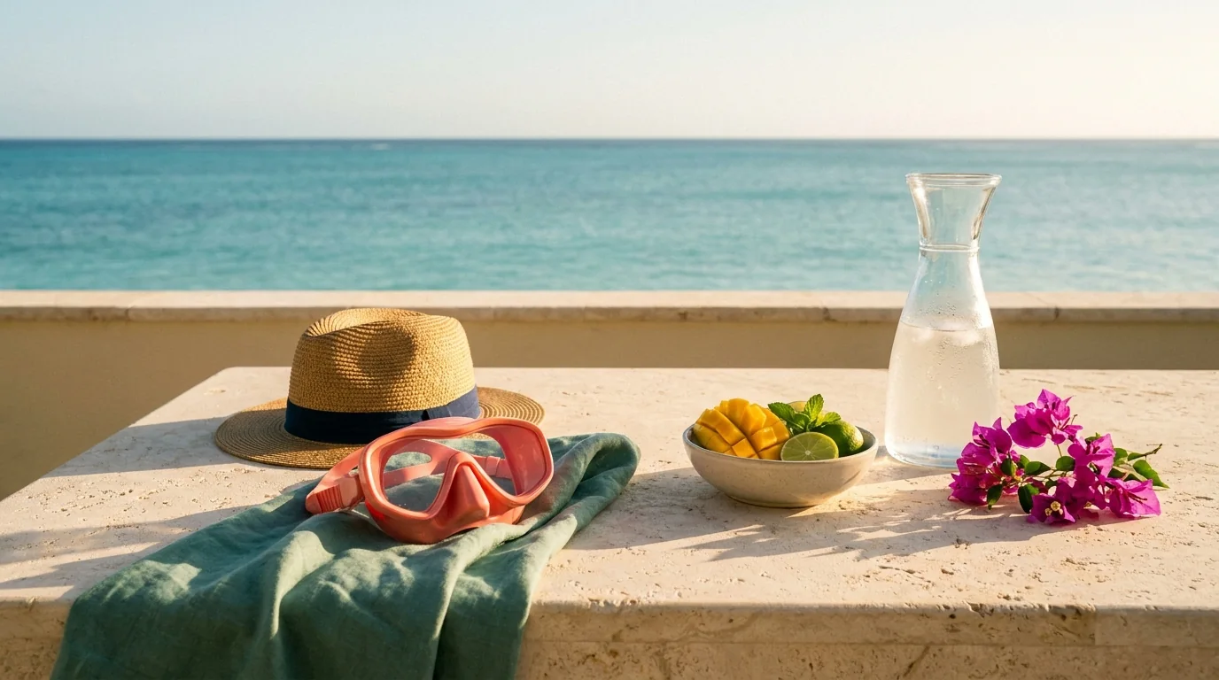 Illustration of a stone terrace table set for a Caribbean morning, with a straw hat, a coral snorkel mask, sliced mango and lime and a carafe of water, and calm turquoise water and a flat open sea horizon beyond