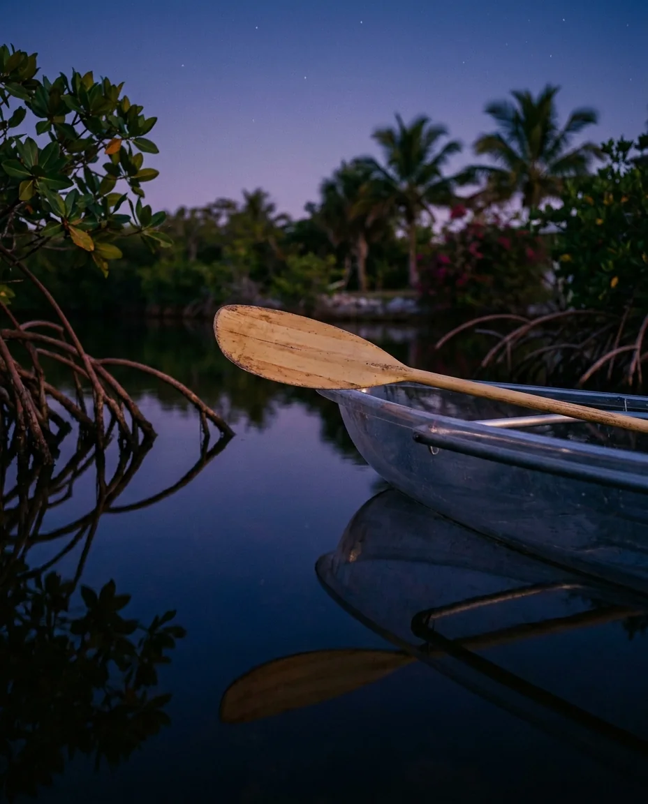 The bow of a clear kayak at the edge of calm mangrove water at dusk, the way a bio bay night begins