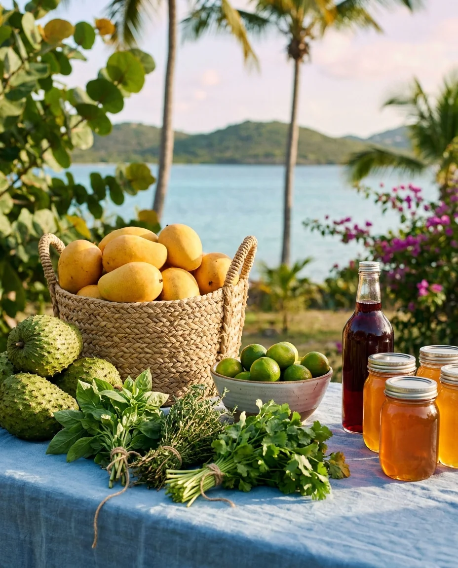 A Saturday farm-stand table: mangoes, soursop, herbs, limes and honey, the La Reine market's kind of morning