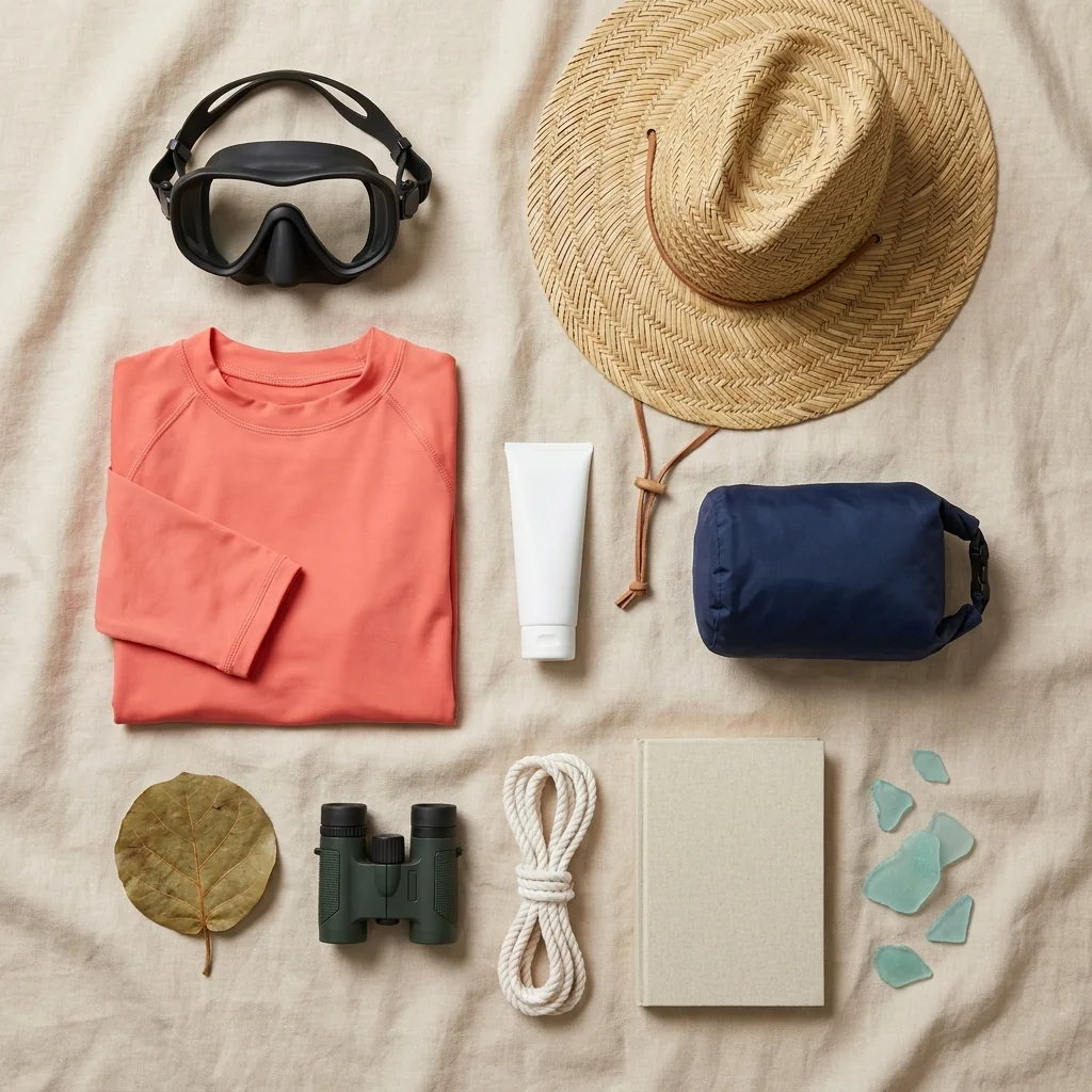 A week on St. Croix in materials: a mask, a rash guard, a straw hat, mineral sunscreen, a dry bag, binoculars and a paperback on linen