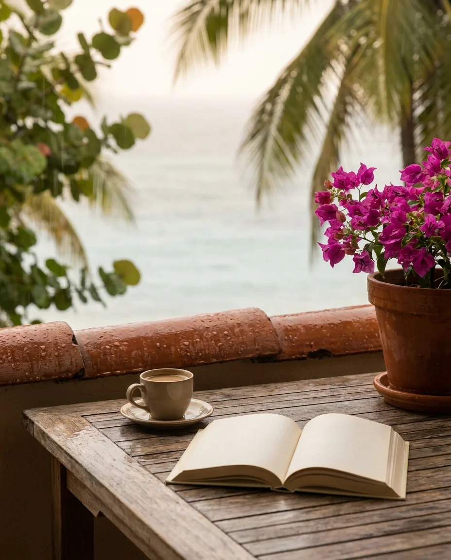 Coffee and a book on a covered veranda during a short warm shower, with the sea beyond: most island rain is over by the second cup