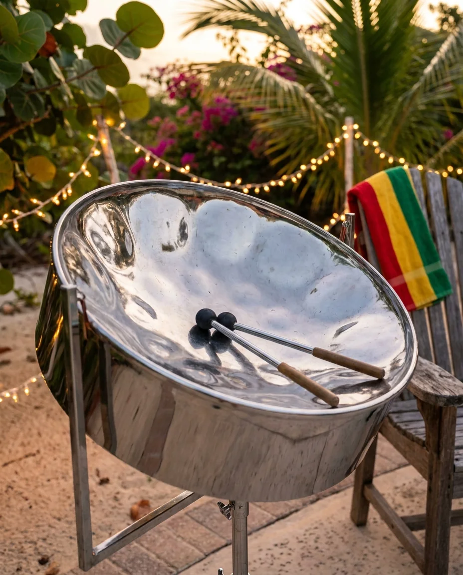 A steel pan drum and bright festival cloth at the edge of an evening street party, the sound of a Christiansted Jump Up