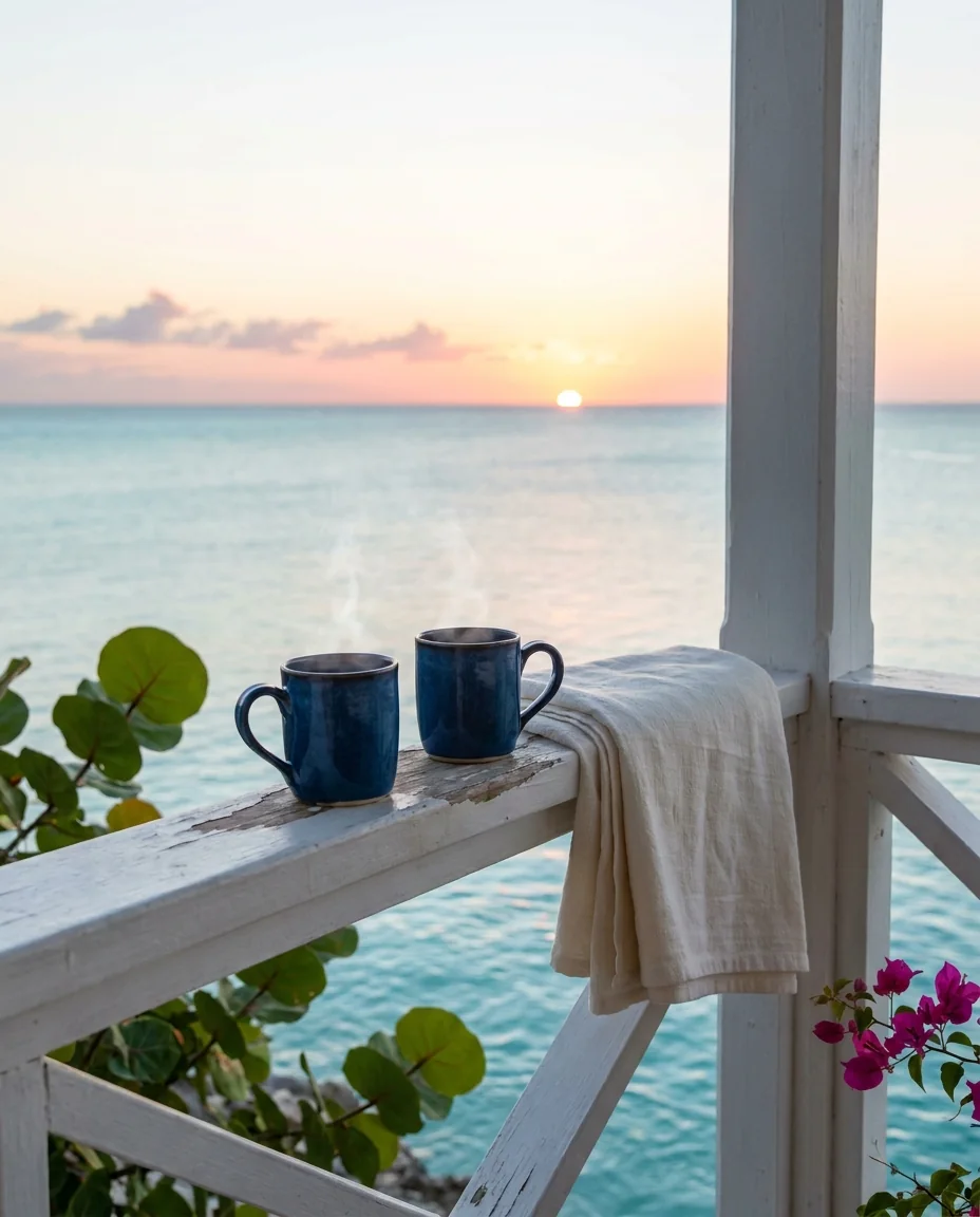 Two mugs on a veranda rail at first light, with the sun about to break a flat sea horizon: how every day on the East End begins