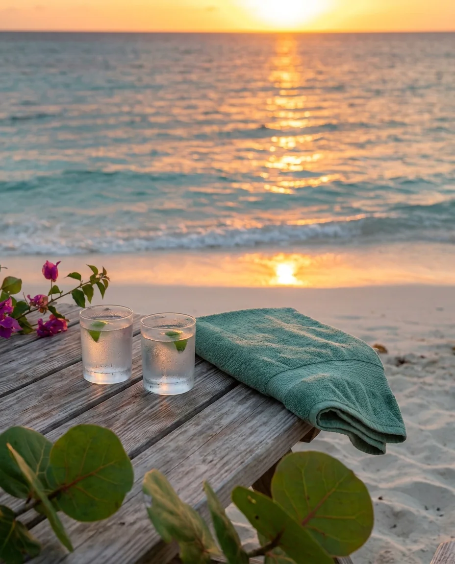Two frosted glasses on a beach-bar table at golden hour on a west-facing beach, the end of a west end day