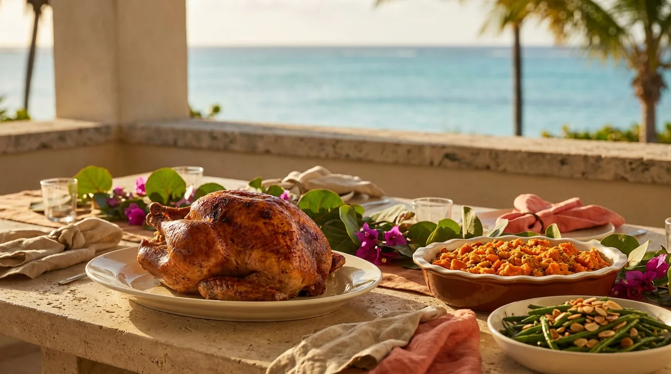 Illustration of a Thanksgiving table on a shaded stone terrace above a turquoise sea, with a roast turkey, orange potato stuffing and bougainvillea