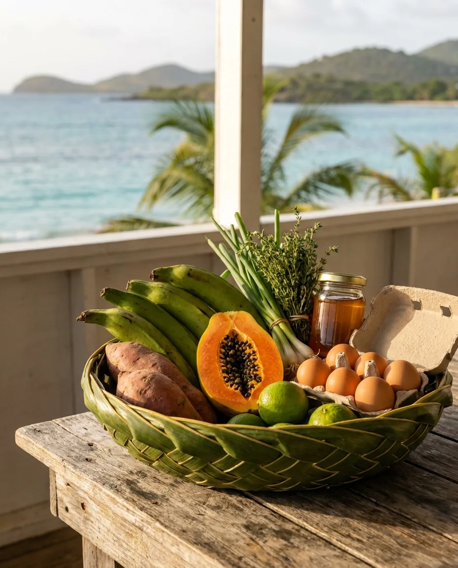 A market basket of plantains, sweet potatoes, papaya, herbs and eggs