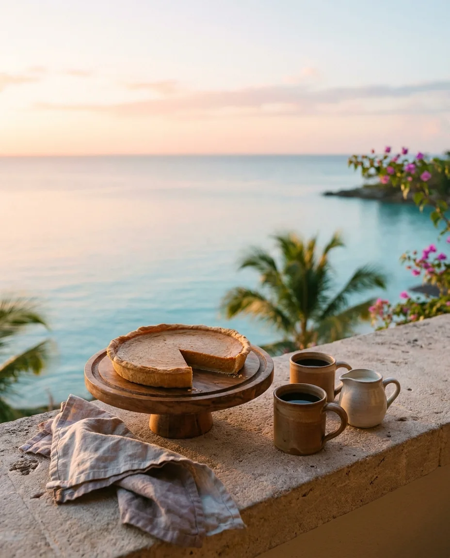 Pie and coffee on a stone ledge at sunrise, the morning after