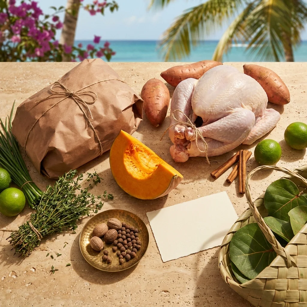 Illustration: Thanksgiving provisions laid out on a stone counter