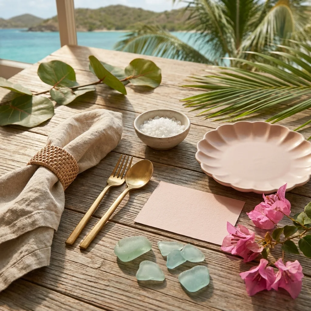 Sea glass, a blank place card and bougainvillea for a relaxed holiday table