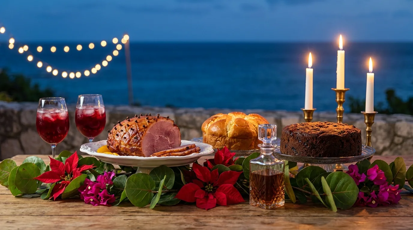 Illustration of a Caribbean Christmas table at dusk above the sea: a glazed ham, sweet bread, black cake, glasses of sorrel, poinsettias and bougainvillea