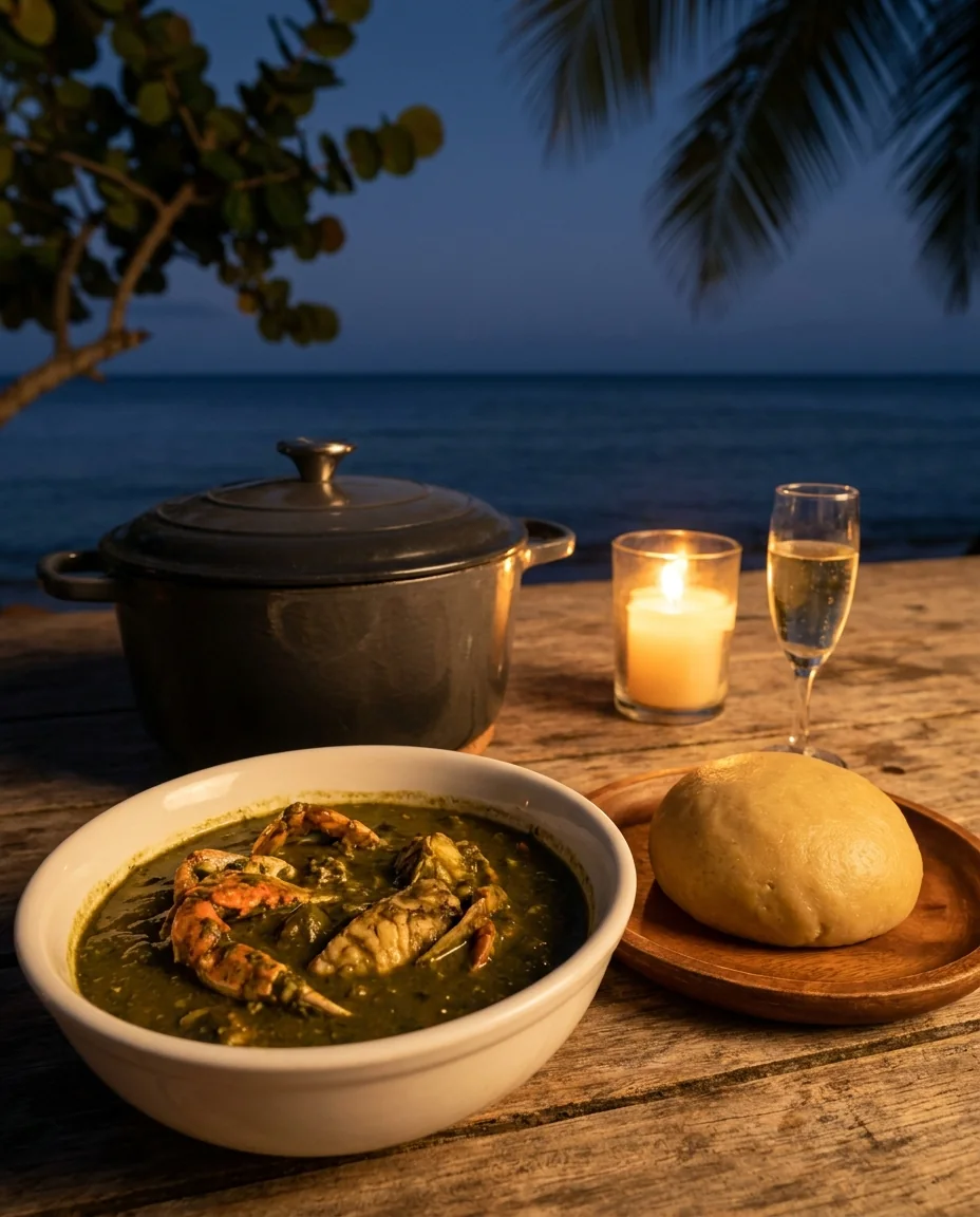 Kallaloo with crab and a round of fungi, the traditional Old Year's Night supper