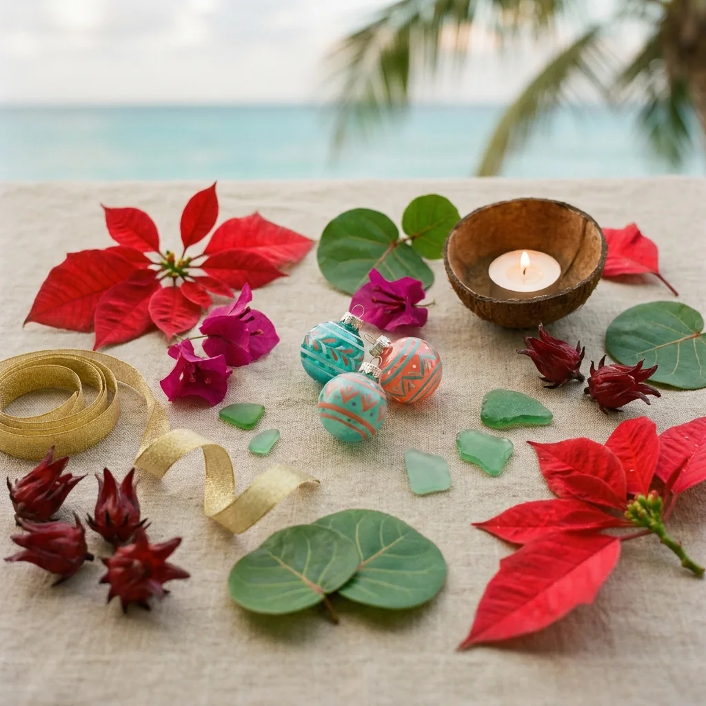 Island Christmas colors, with poinsettia, bougainvillea, sea grape and dried sorrel