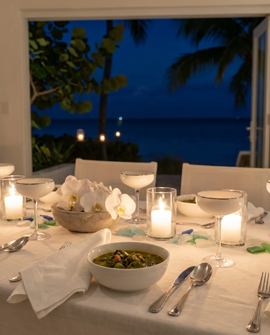 A table set in white for Old Year's Night, with candles and a bowl ready for kallaloo