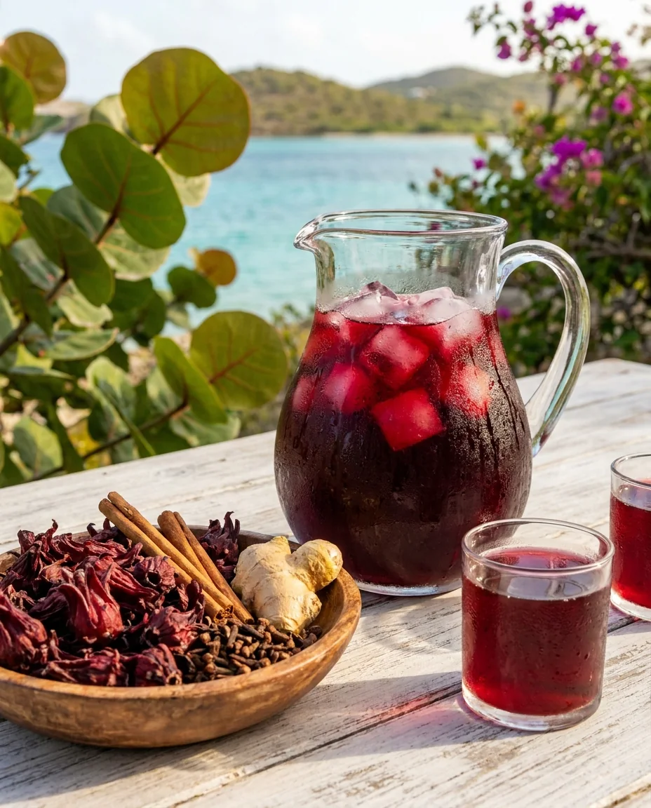 A pitcher of ruby sorrel with dried sorrel, cinnamon, cloves and ginger