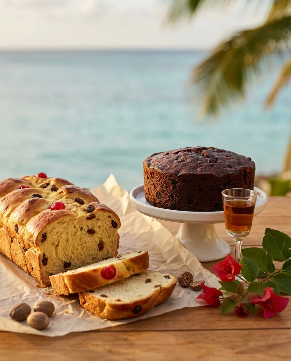A braided sweet bread, a dark black cake and a small glass of guavaberry