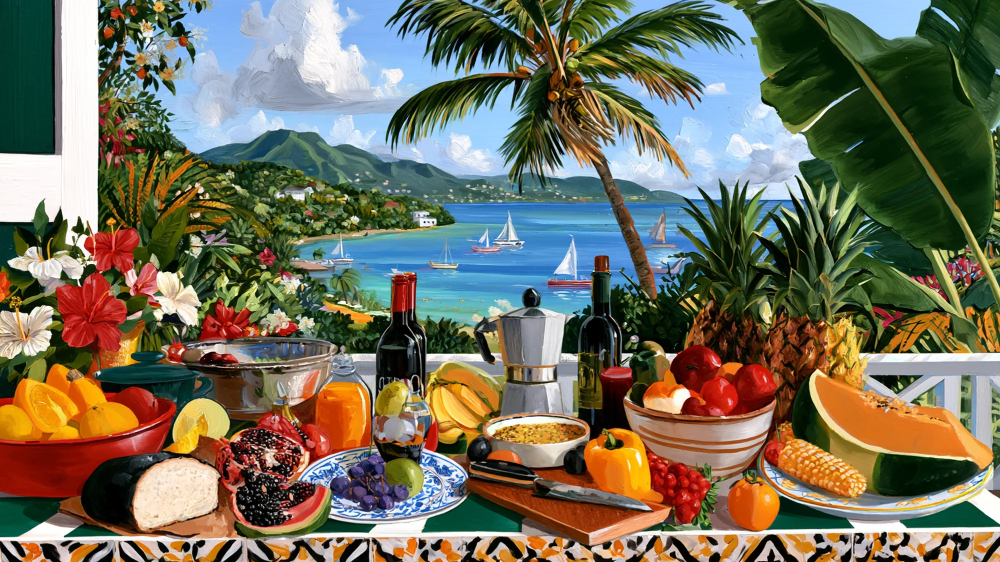 A laden terrace table above the bay — the private-chef spread