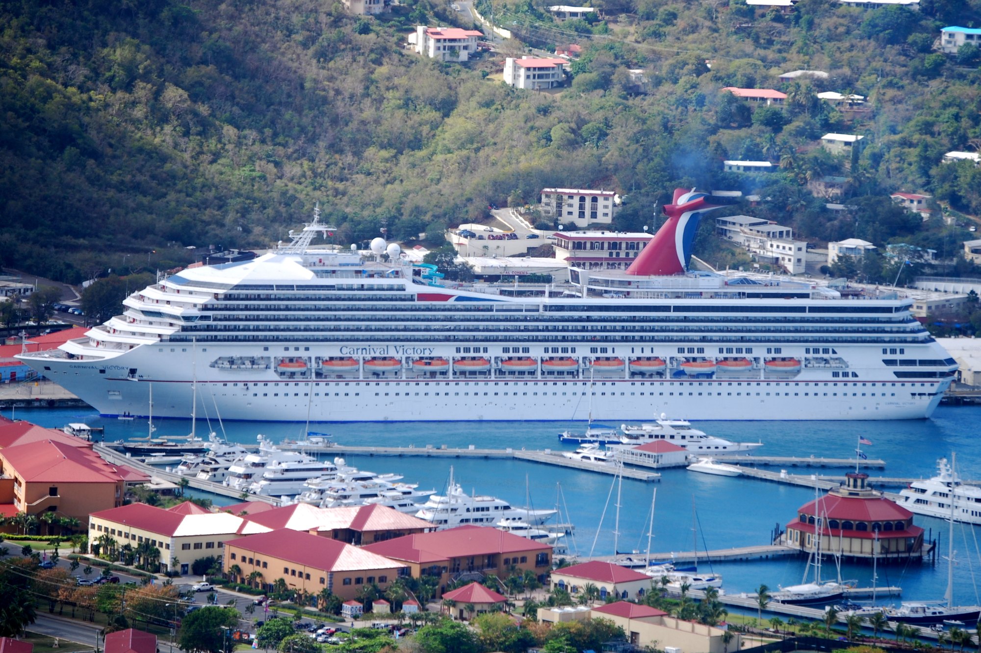 A cruise ship docked in the harbor at Charlotte Amalie, St. Thomas