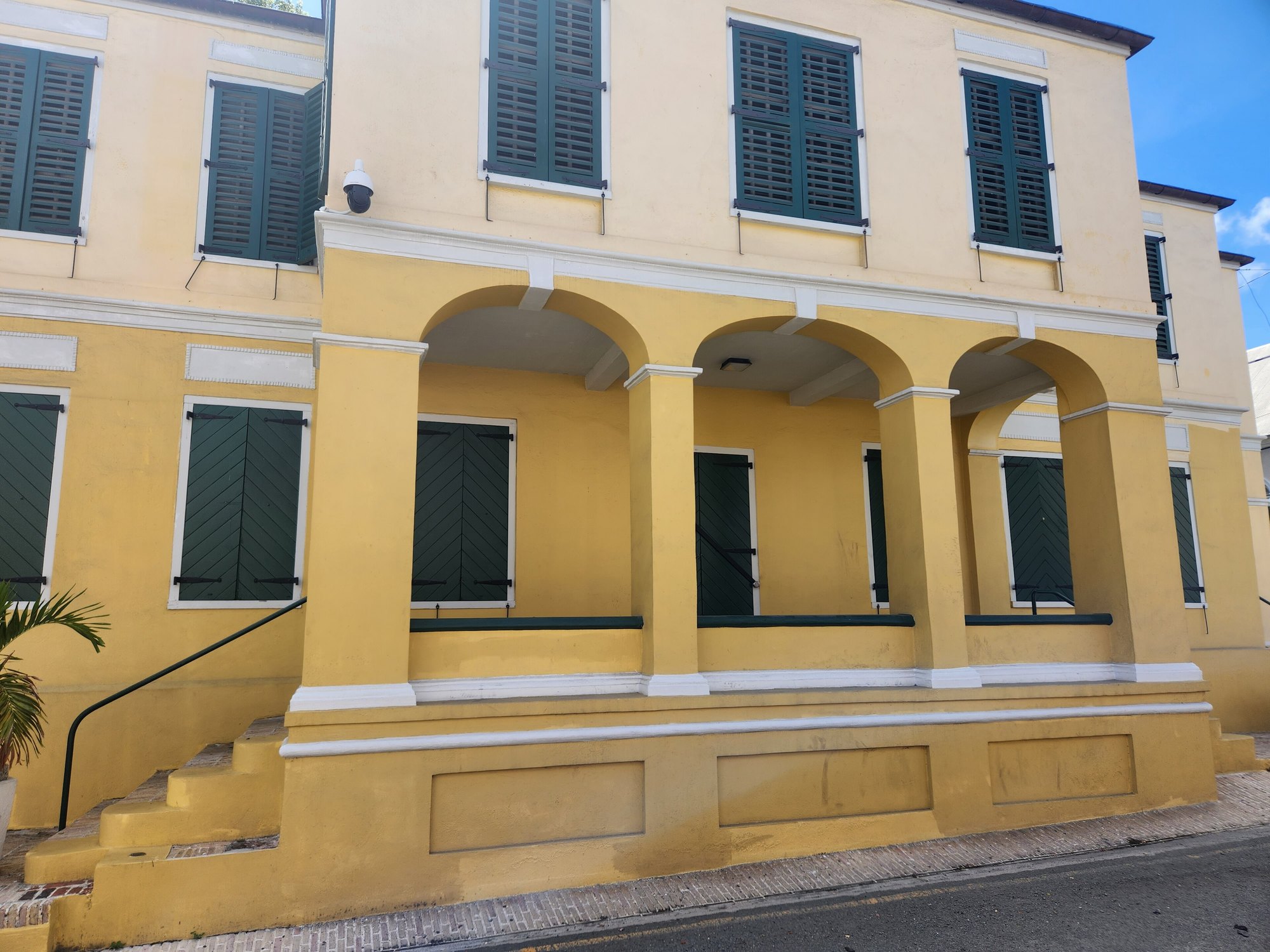 Yellow arcaded buildings on King Street in Christiansted's historic district
