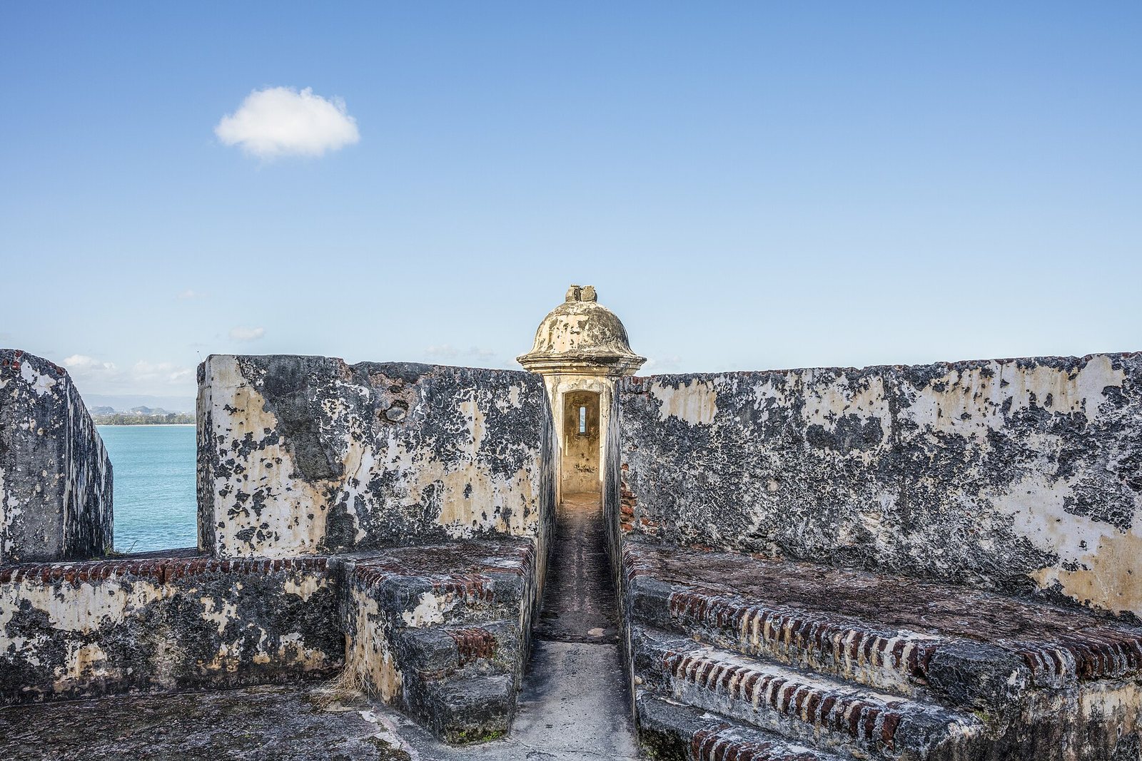 A stone sentry box on the walls of Castillo San Felipe del Morro in San Juan