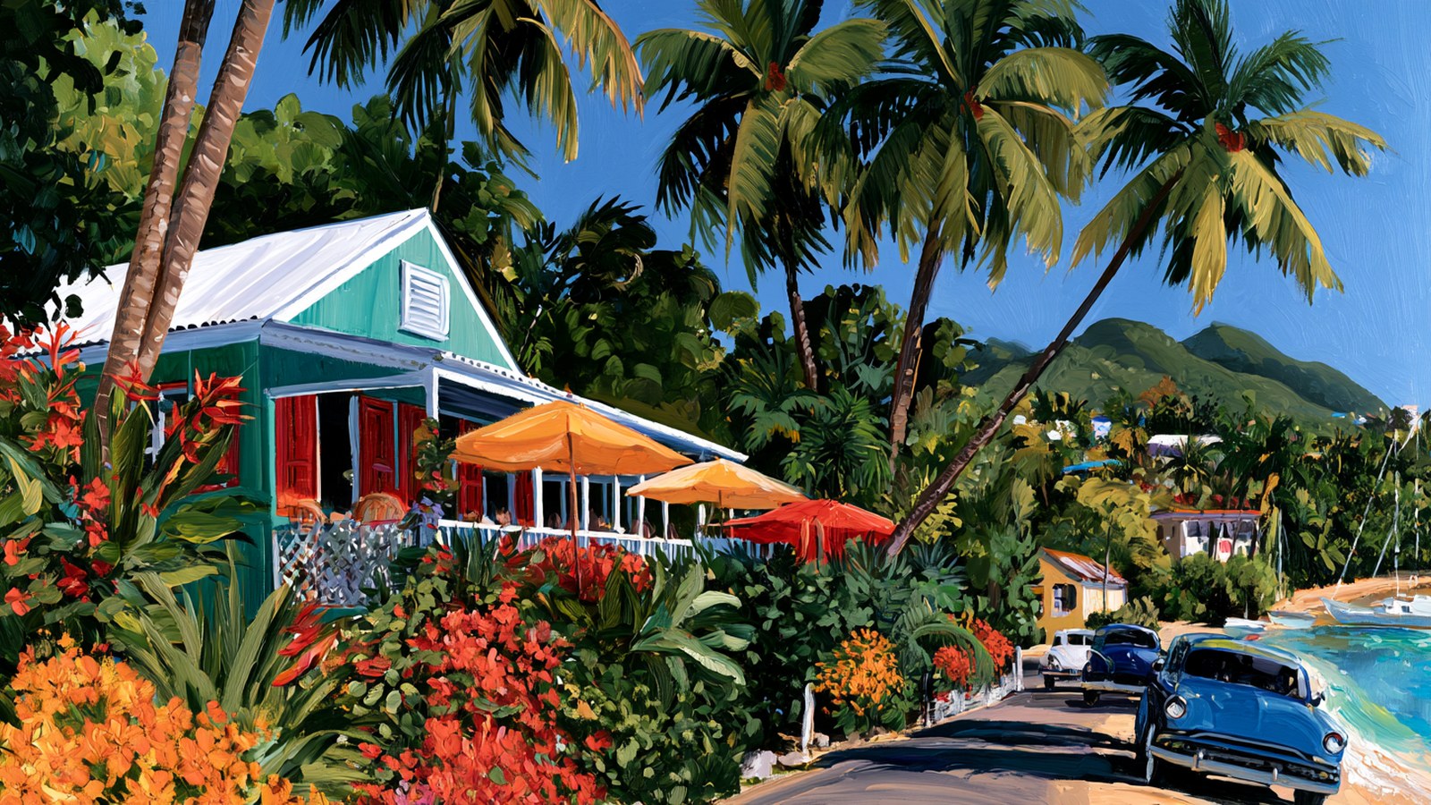 A painting of a Caribbean cottage restaurant on St