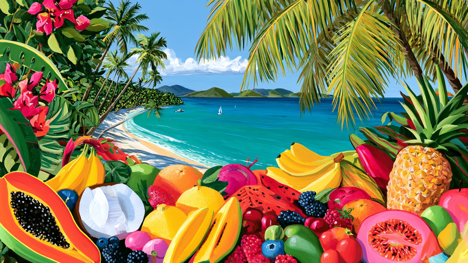 A painting of tropical fruit over a turquoise St
