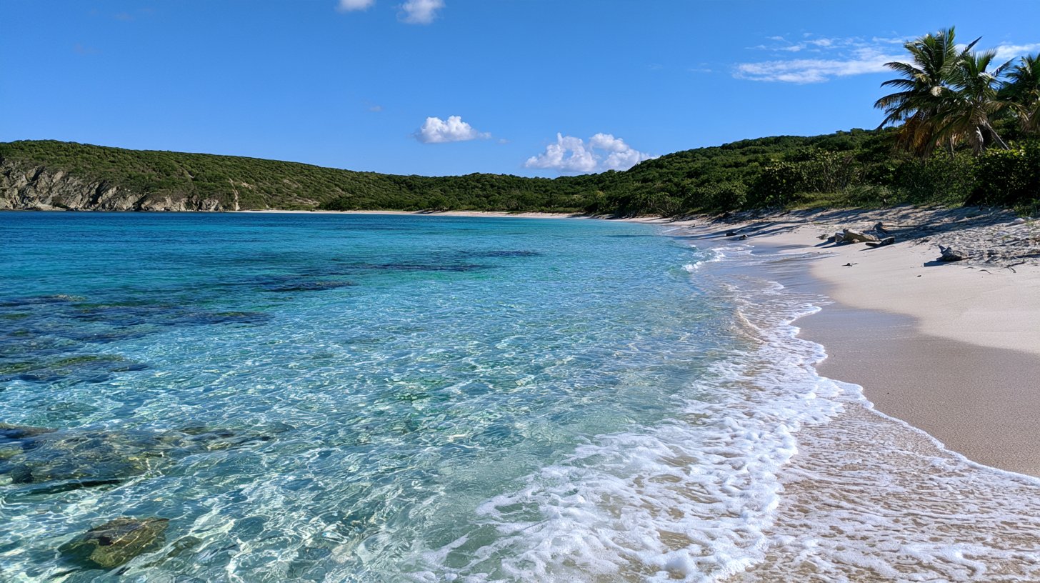 An original illustration of a calm turquoise Caribbean cove and beach