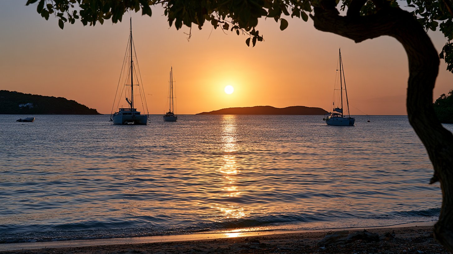 An original illustration of a Caribbean sunset framed by a tree over an anchorage
